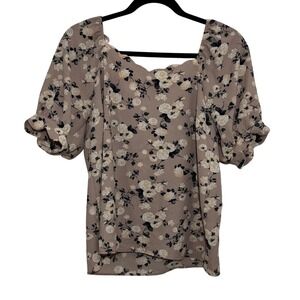 Monteau Los Angeles Floral Scalloped Neck Puff Sleeve Blouse Mauve Large